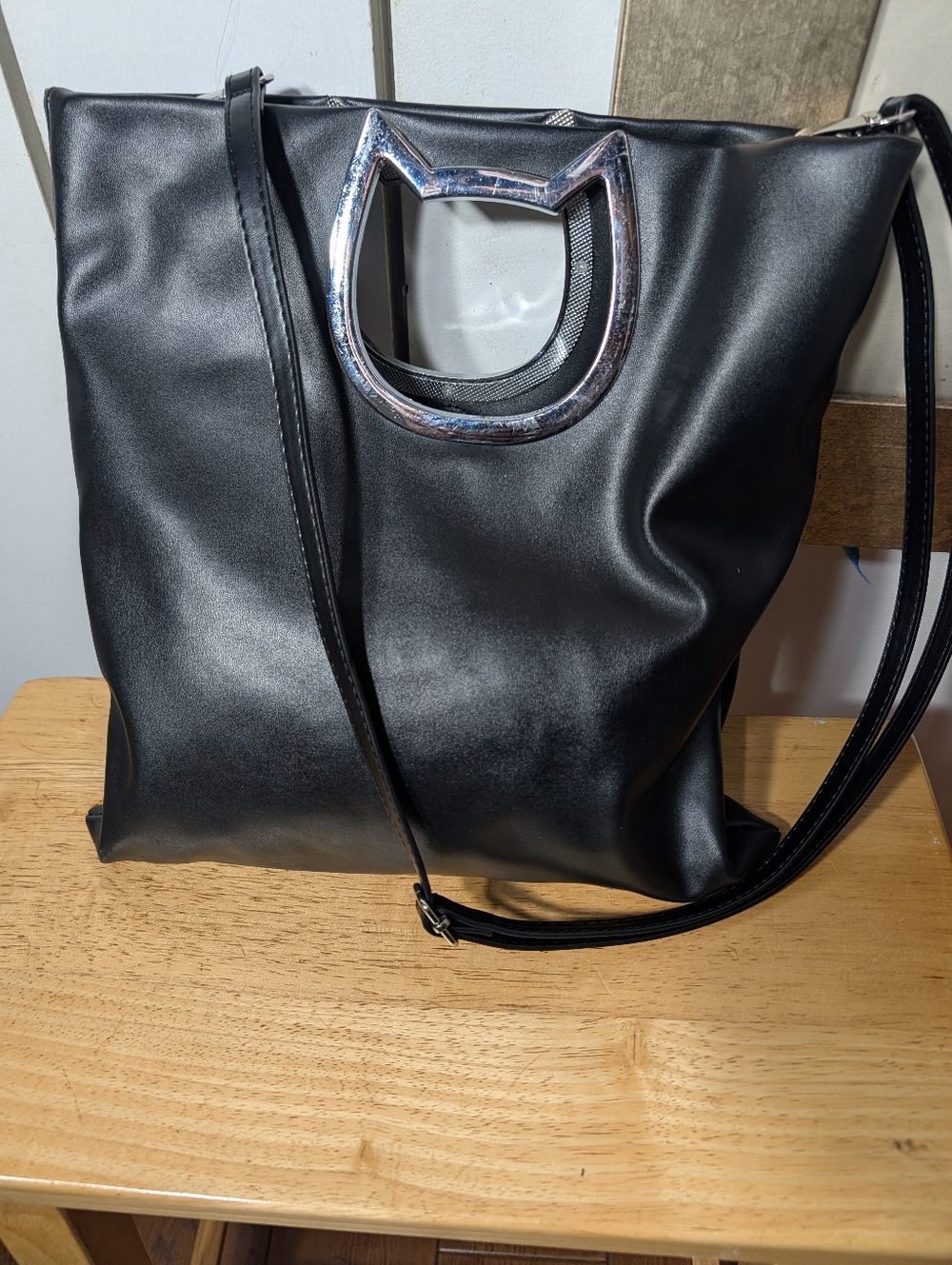 Cat Lady Black Faux Leather Shoulder Bag with Silver Cat-Handle Accent